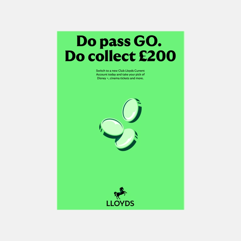 Example shows a Club Lloyds promotion titled "Do pass GO. Do collect £200" that uses vibrant green.