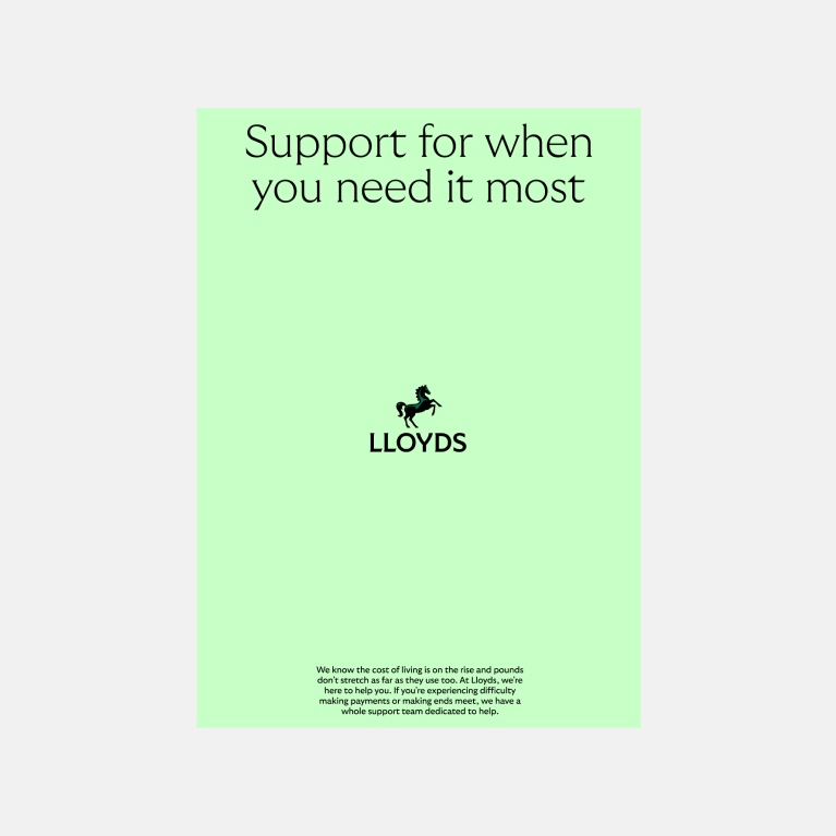Example shows a cost of living communication titled "Support for when you need it most" that uses calm green.