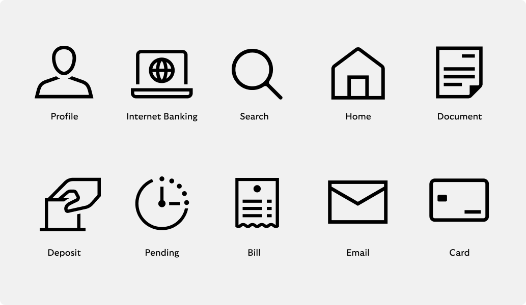 Examples of functional icons including profile, internet banking and search icons.