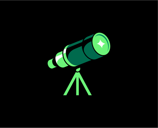 A green and white telescope illustration against a black background.