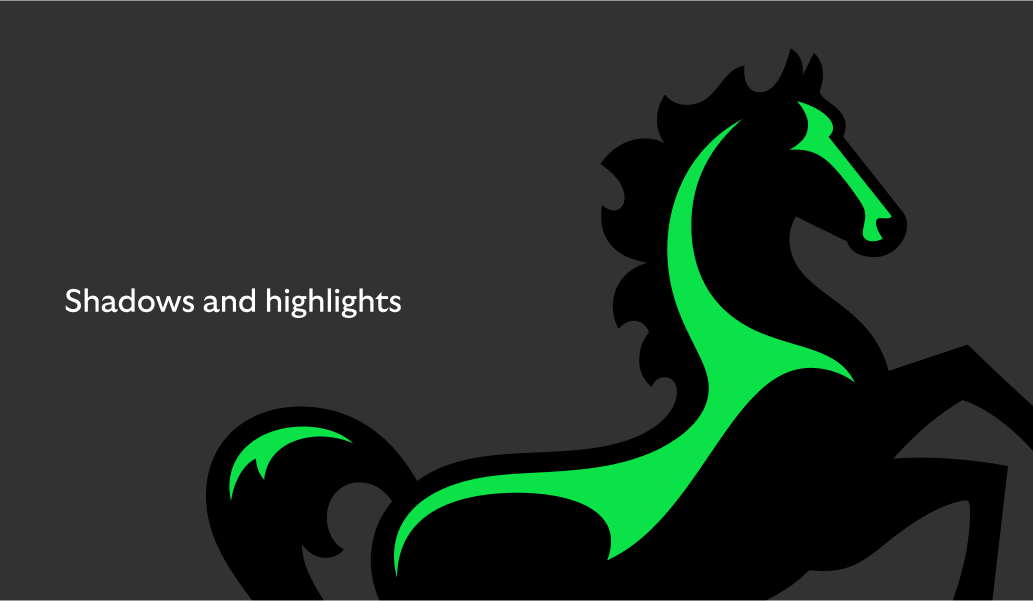 Our illustration style uses shadows and highlights, such as green highlights on the horse's tail back and nose.