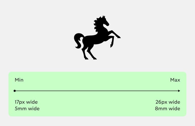 Logo size should be minimum of 17 pixels or 5mm wide. Maximum 26 pixels or 8mm wide.