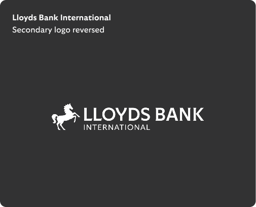 Lloyds Bank International secondary logo reversed has white horse positioned to the left of white 'Lloyds Bank International' wording.