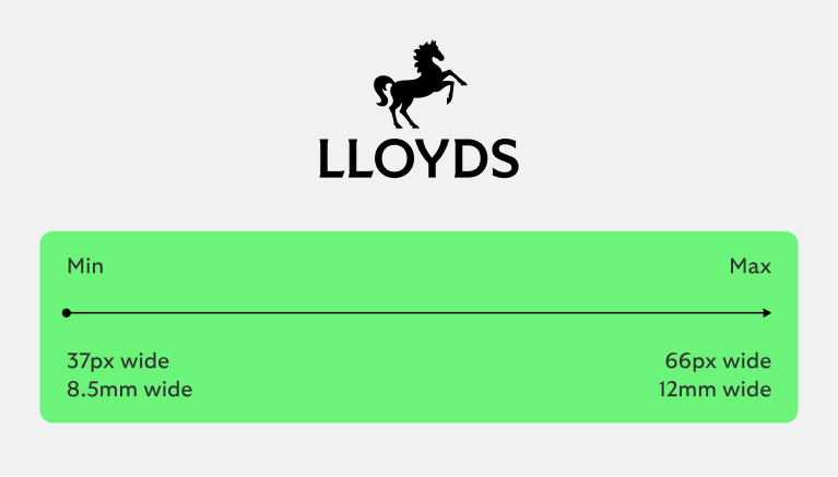 Logo size should be minimum of 37 pixels or 8.5mm wide. Maximum 66 pixels or 12mm wide.
