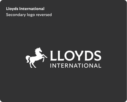 Lloyds International secondary logo reversed has white horse positioned to the left of white 'Lloyds International" wording.