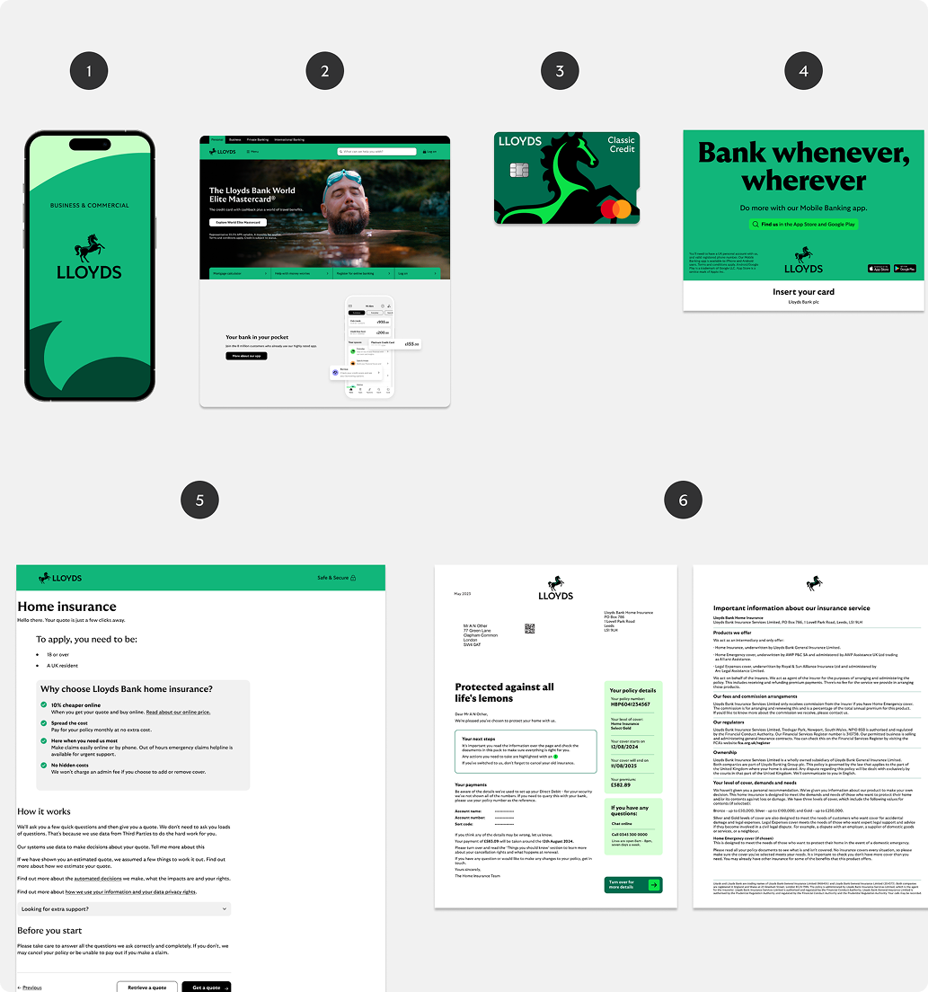Examples show how we use the Lloyds name on an app splash screen, website homepage, credit card, ATM screen, home insurance web page and home insurance letter. For the latter, the legal entity remains unchanged but additional wording is added to the disclosure.