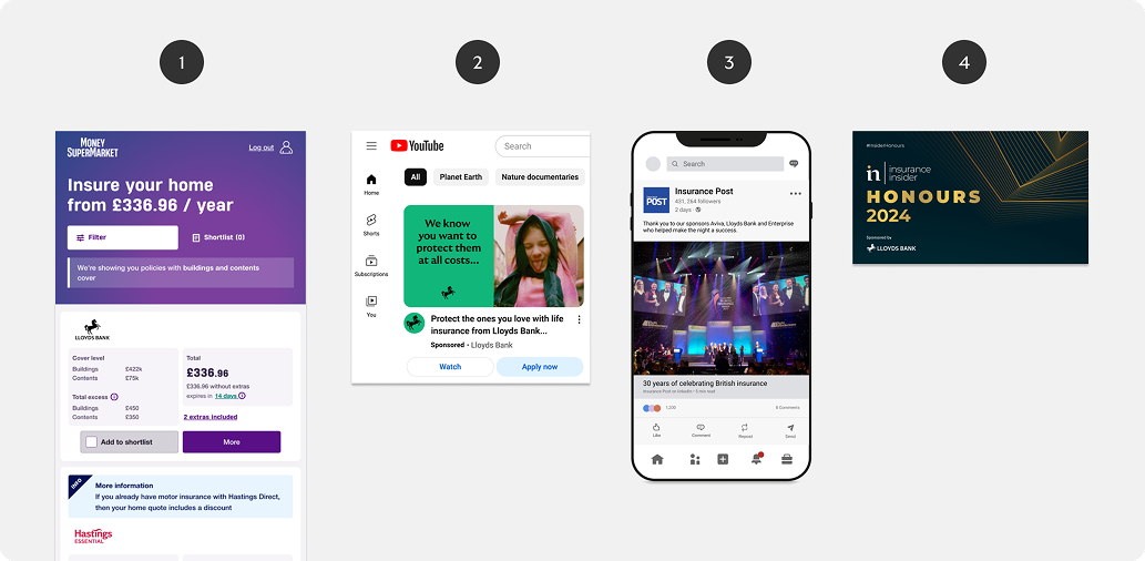 Examples include use of the Lloyds Bank name on an insurance aggregator site, YouTube ad, LinkedIn post and sponsorship awards event screen.